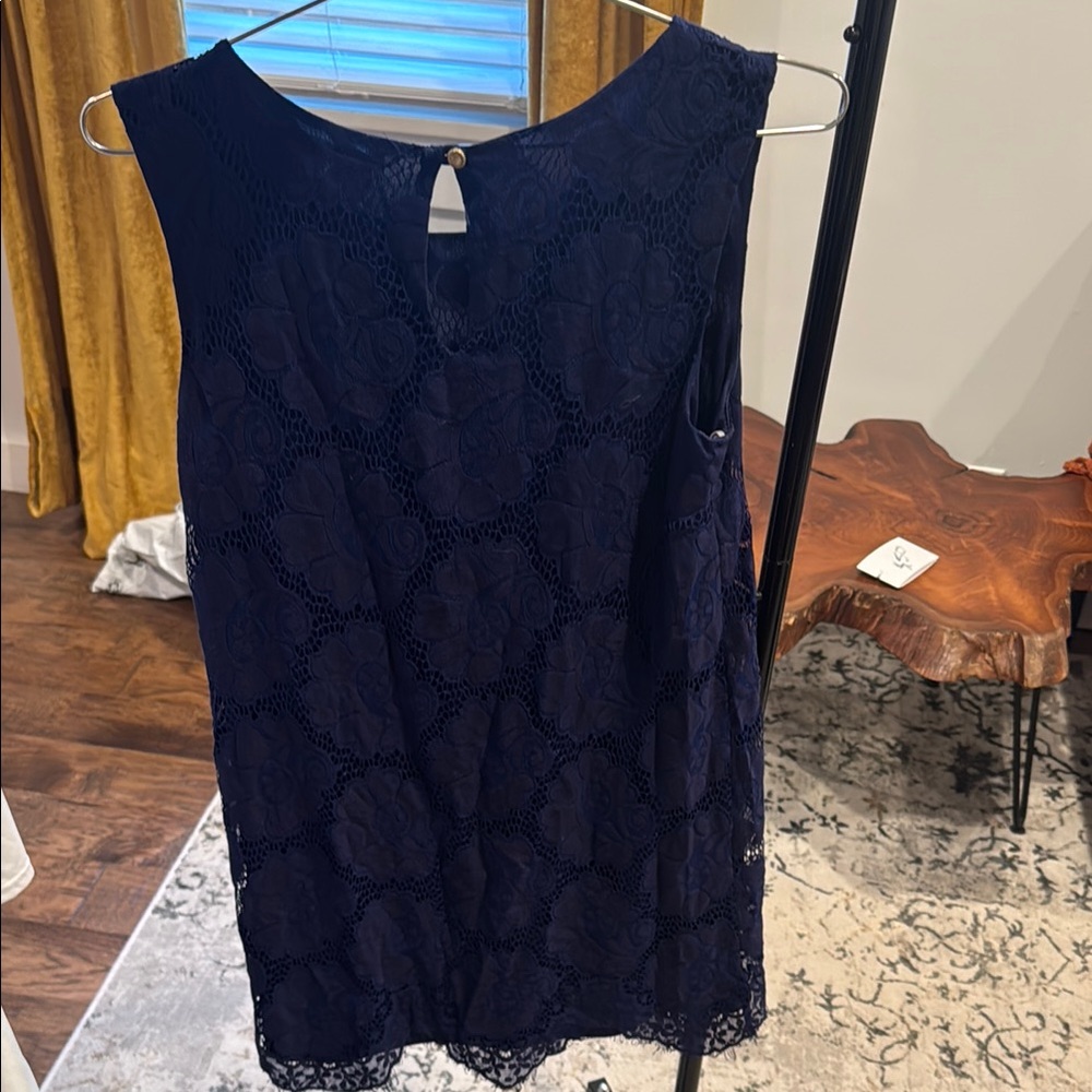 Buttons Blue Sleeveless Mini Dress with Lace - Picture 4 of 7